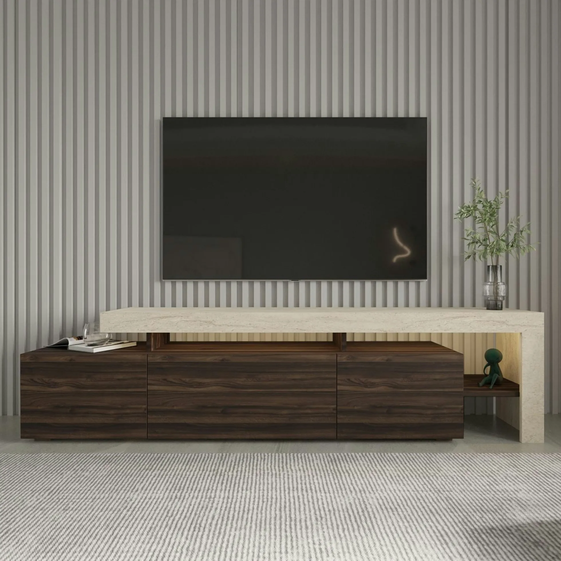 Meuble TV 3 portes décor noyer travertin cadre ouvert AURA