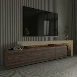 Meuble TV 3 portes décor noyer travertin cadre ouvert AURA