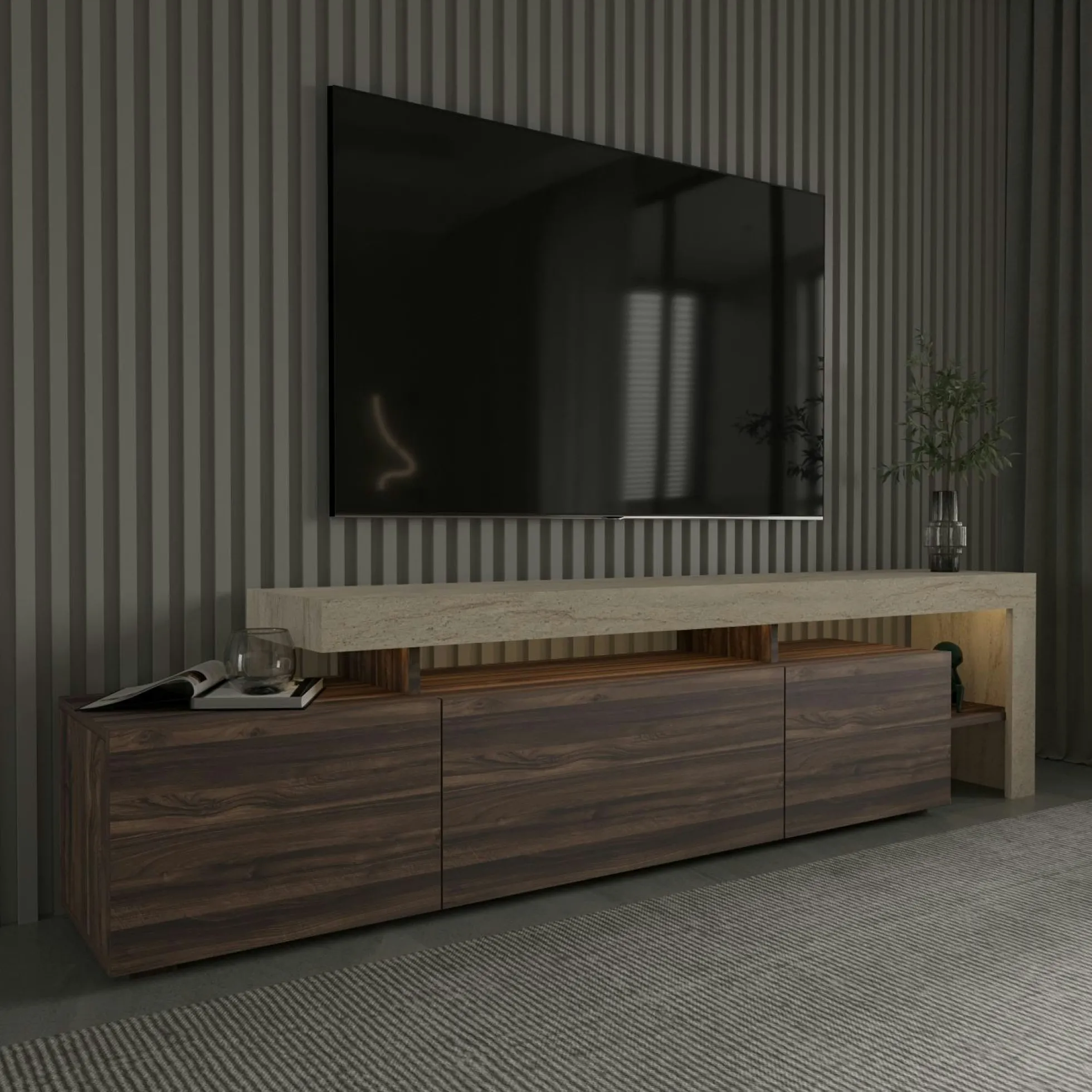 Meuble TV 3 portes décor noyer travertin cadre ouvert AURA