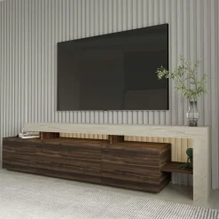 Meuble TV 3 portes décor noyer travertin cadre ouvert AURA