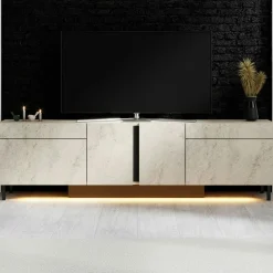Meuble TV 4 portes décor travertin LED à télécommande AURA