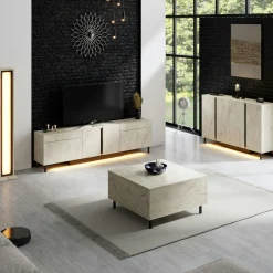 Meuble TV 4 portes décor travertin LED à télécommande AURA