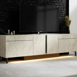 Meuble TV 4 portes décor travertin LED à télécommande AURA