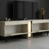 Meuble TV 2 portes décor travertin à colonne LED AURA