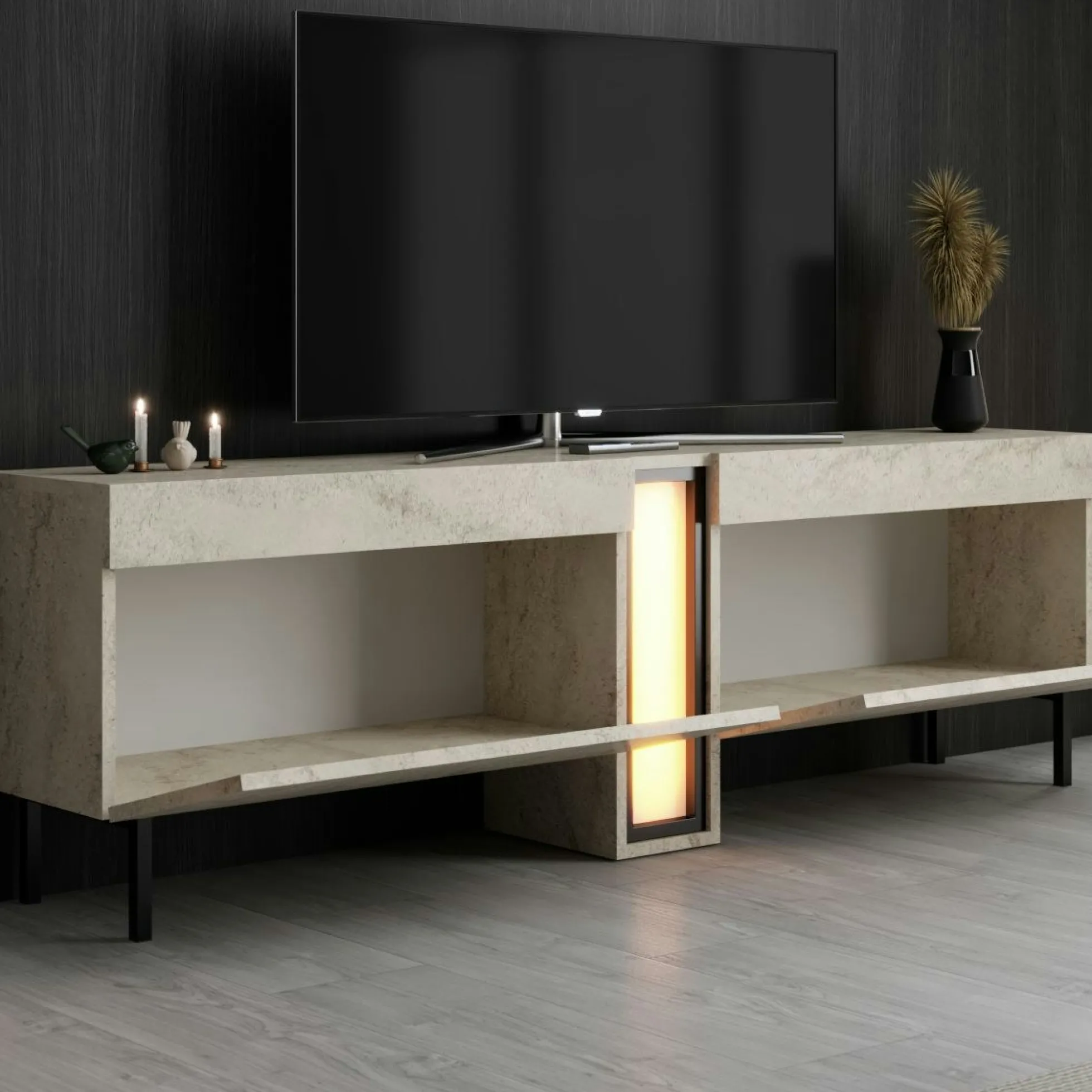 Meuble TV 2 portes décor travertin à colonne LED AURA
