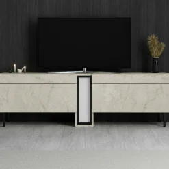 Meuble TV 2 portes décor travertin à colonne LED AURA