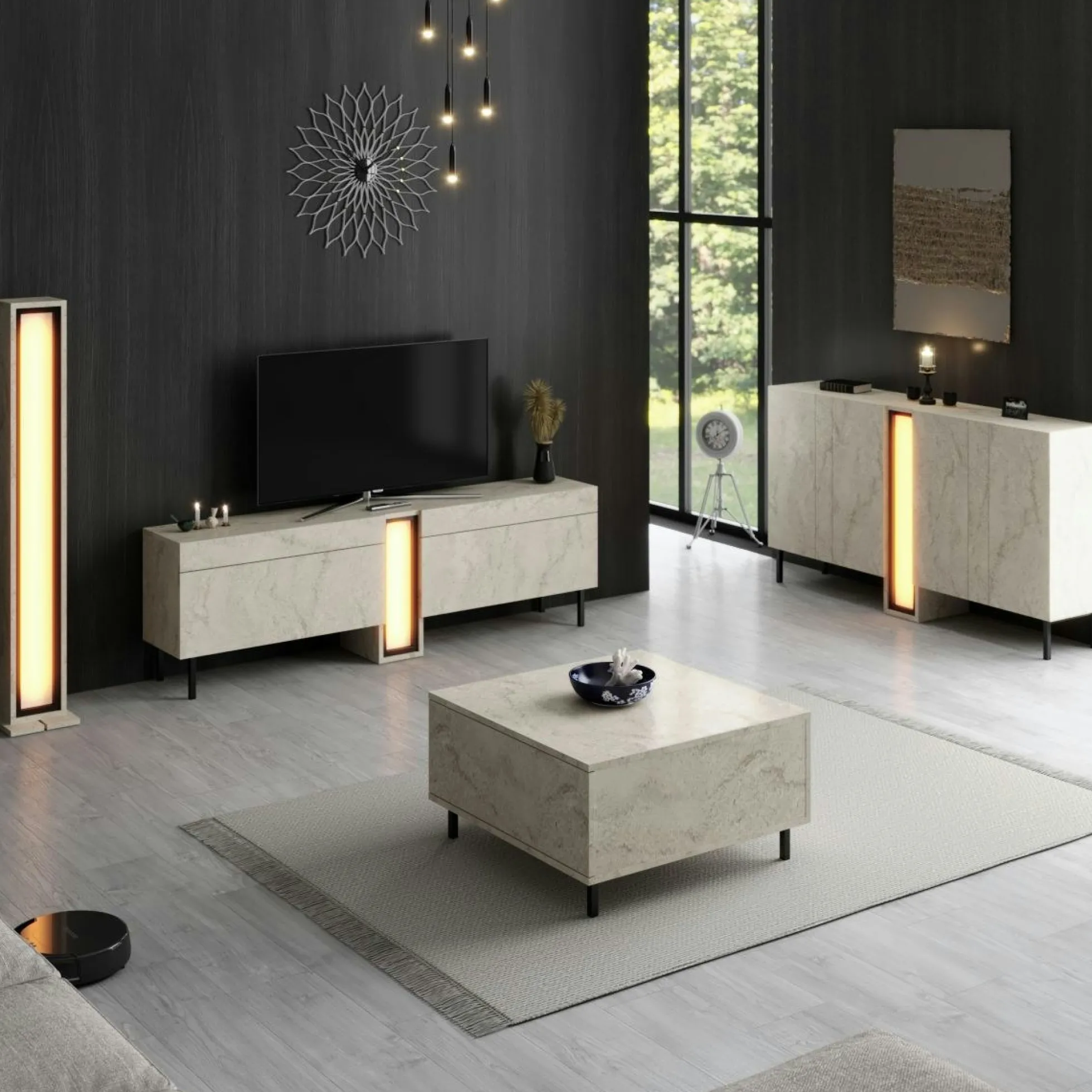 Meuble TV 2 portes décor travertin à colonne LED AURA
