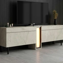 Meuble TV 2 portes décor travertin à colonne LED AURA