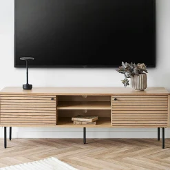 Meuble TV 2 portes effet rainuré décor clair ASSENS