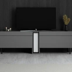 Meuble TV 2 portes gris foncé colonne LED télécommande AURA