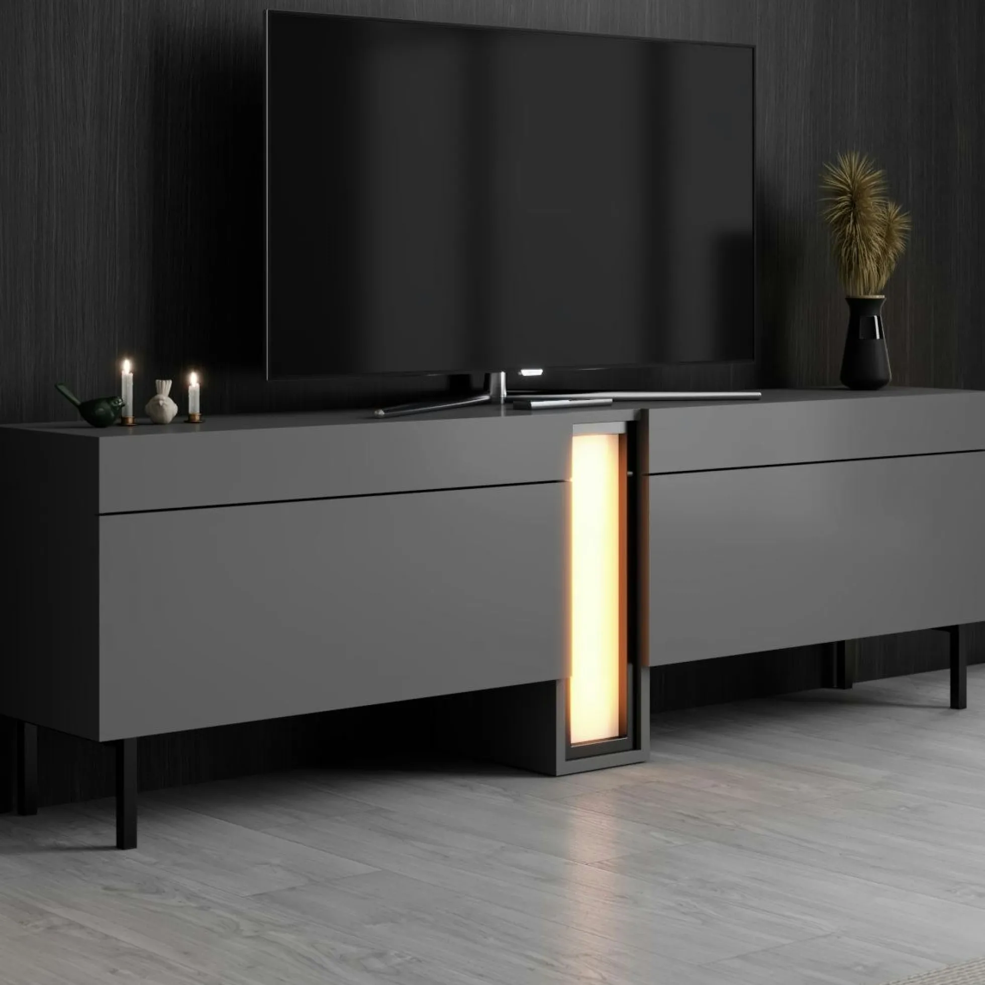 Meuble TV 2 portes gris foncé colonne LED télécommande AURA