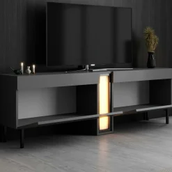 Meuble TV 2 portes gris foncé colonne LED télécommande AURA
