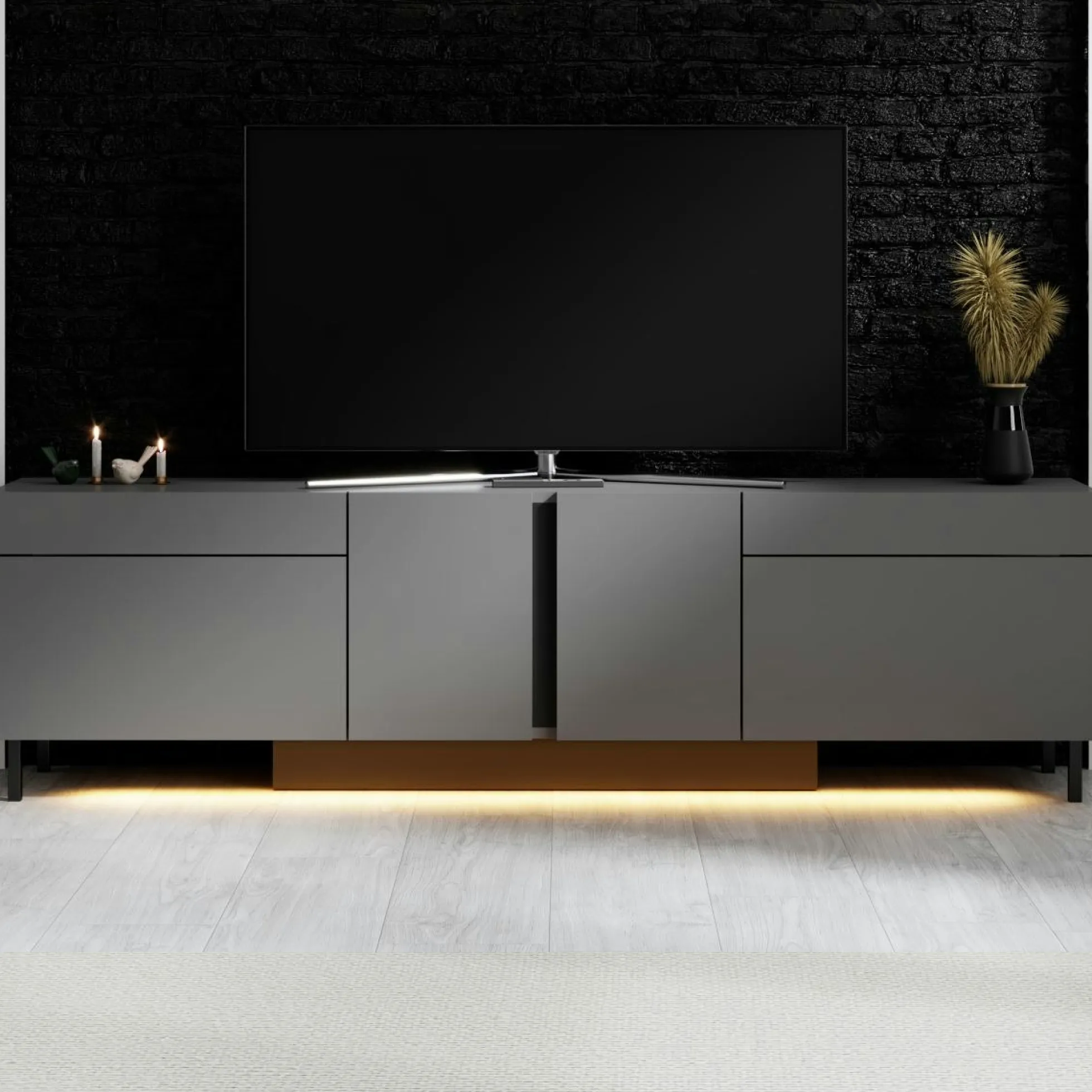 Meuble TV 4 portes gris foncé LED à télécommande AURA