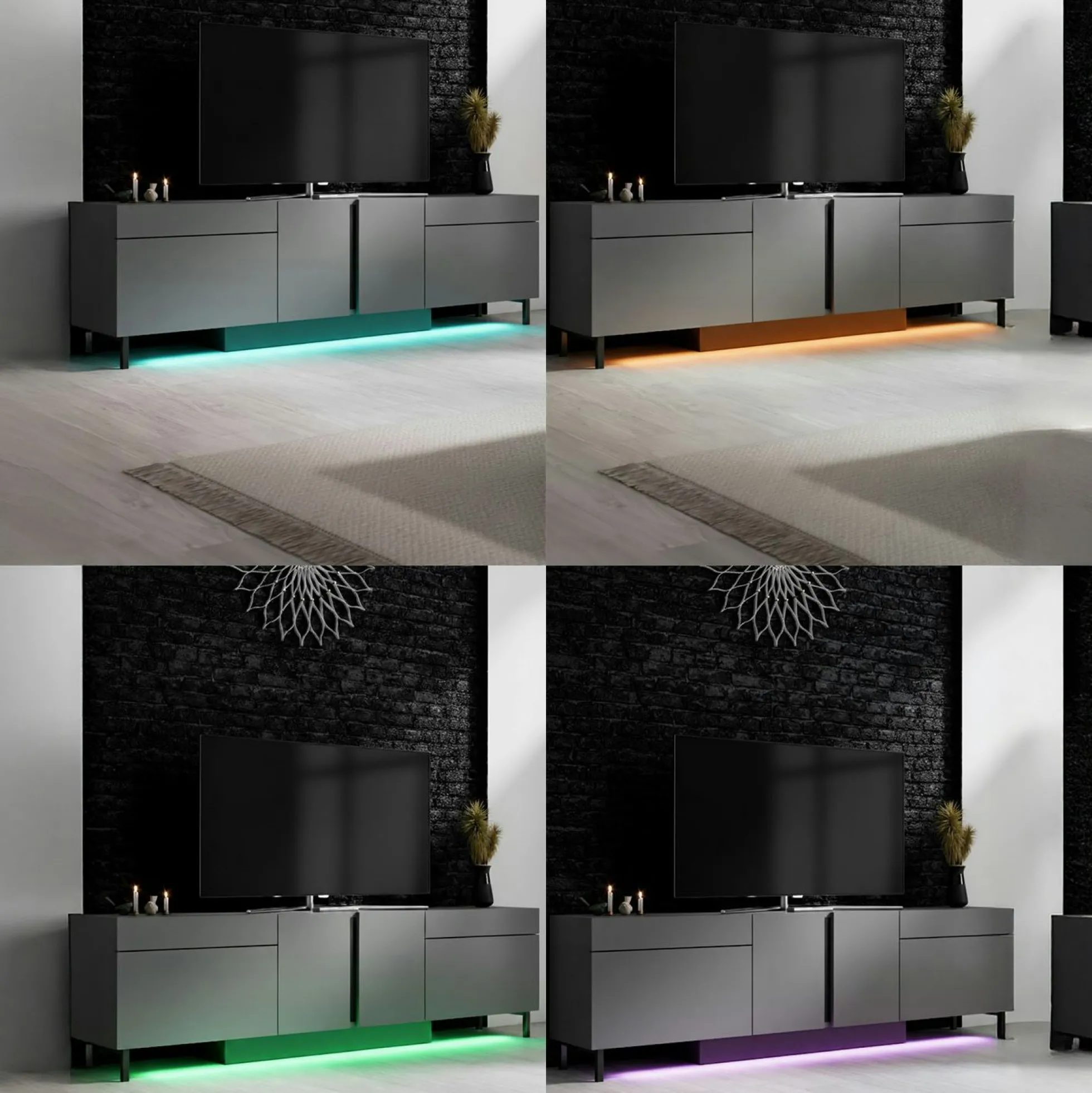 Meuble TV 4 portes gris foncé LED à télécommande AURA