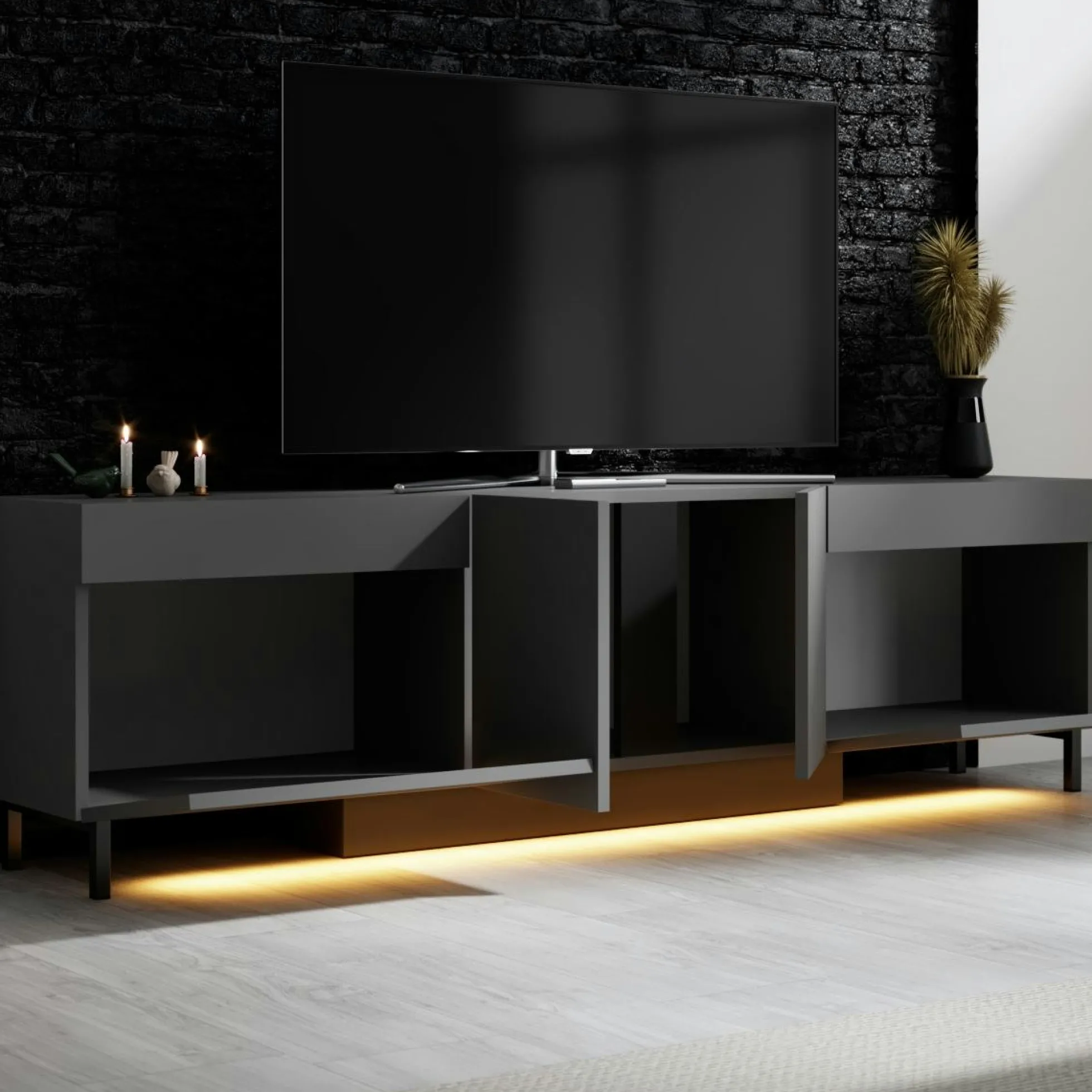 Meuble TV 4 portes gris foncé LED à télécommande AURA