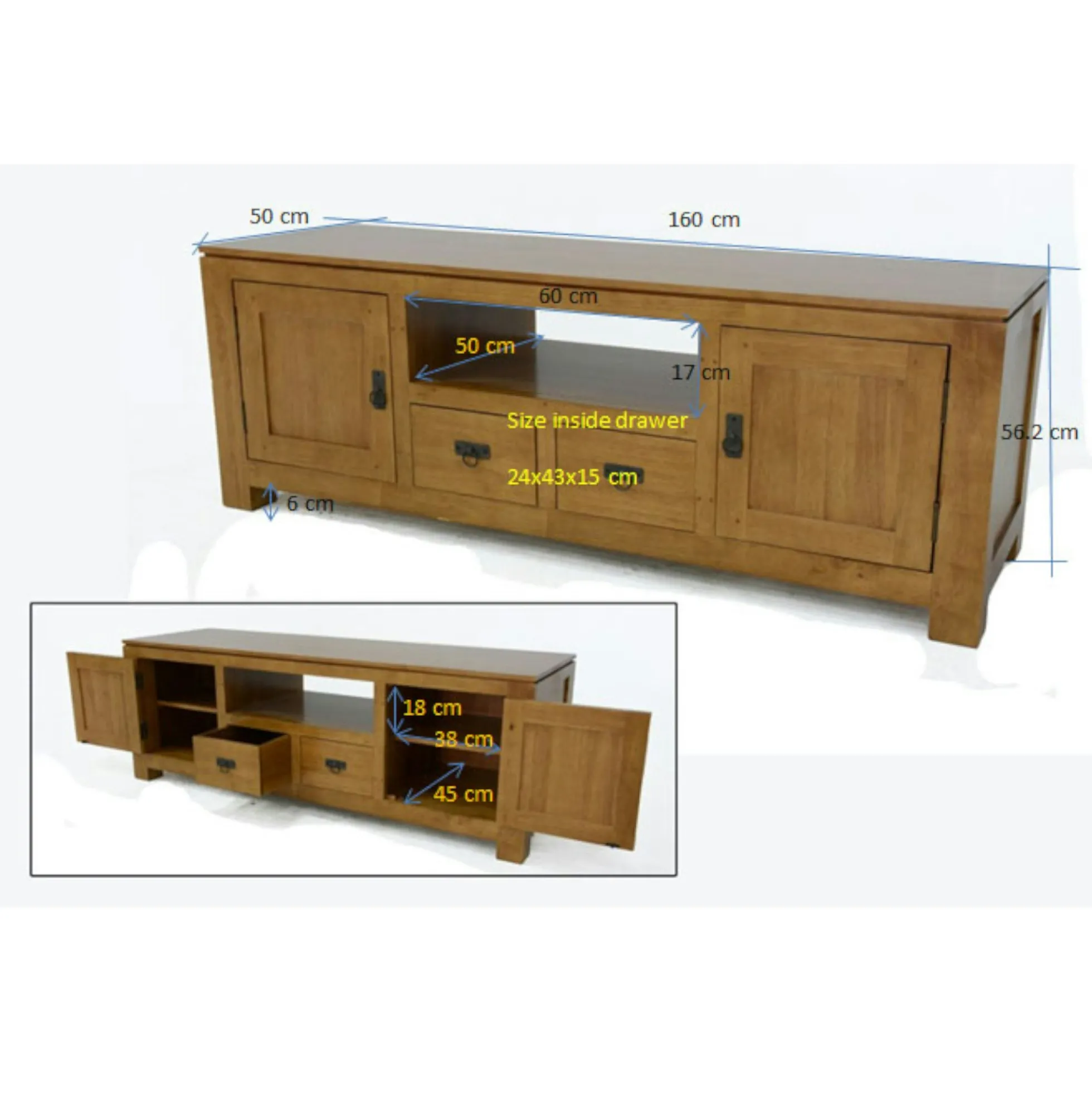 Meuble TV 4 portes hévéa 160cm HELENA