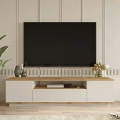 Meuble TV 3 portes 1 niche décor pin et beige MARFA