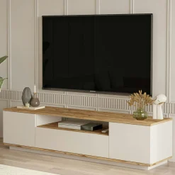 Meuble TV 3 portes 1 niche décor pin et beige MARFA