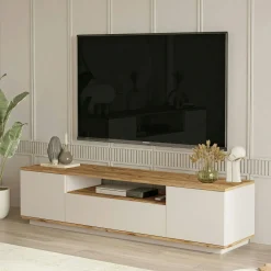Meuble TV 3 portes 1 niche décor pin et beige MARFA