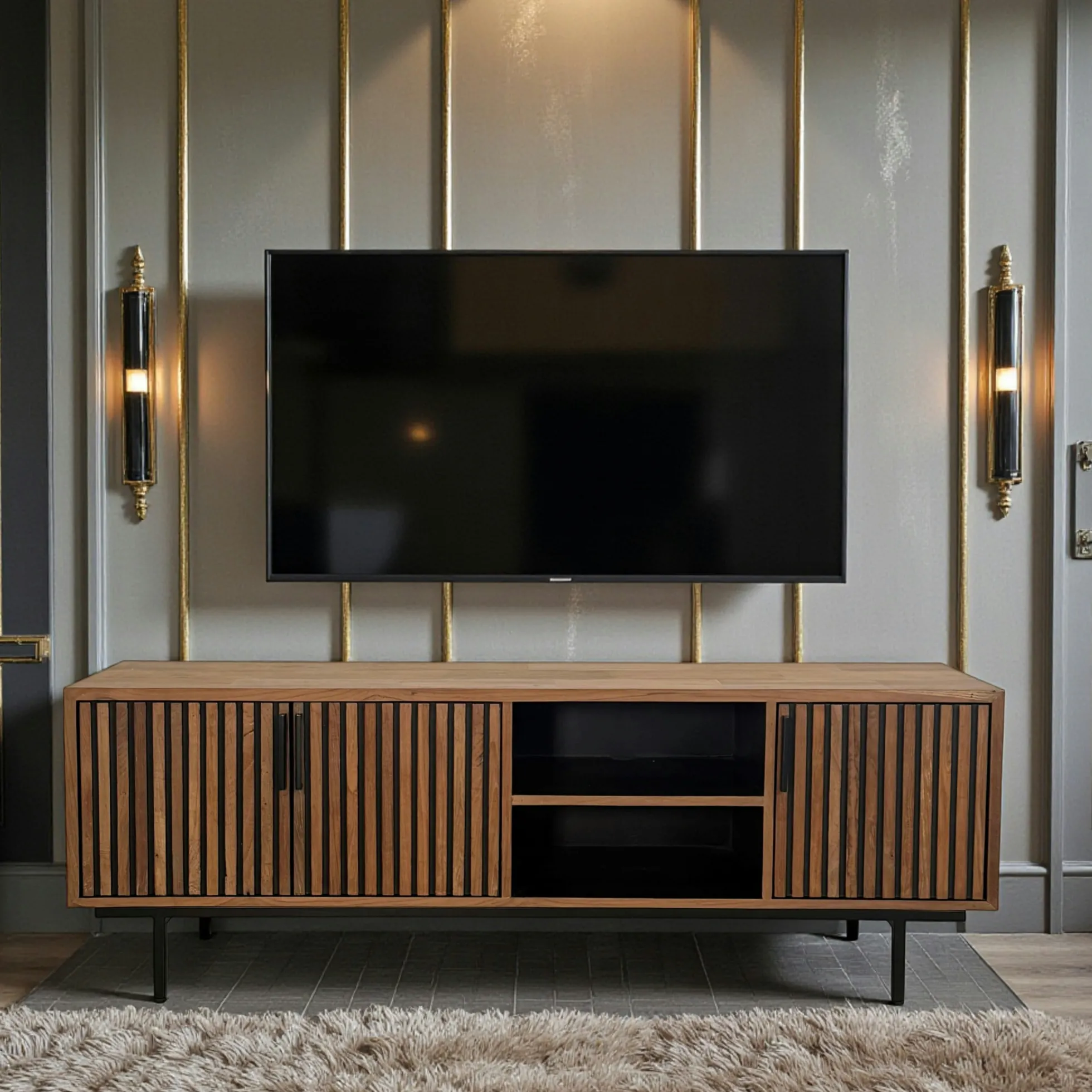 Meuble TV 3 portes 2 niches teck recyclé FANO