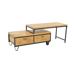 Meuble TV à roulettes en 2 parties, 2 tiroirs, 1 grand plateau en Hévéa recyclé naturel et métal 100x45x50cm LOFT