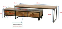 Meuble TV à roulettes en 2 parties, 3 tiroirs, 1 grand plateau en Hévéa recyclé naturel et métal 150x45x50cm LOFT
