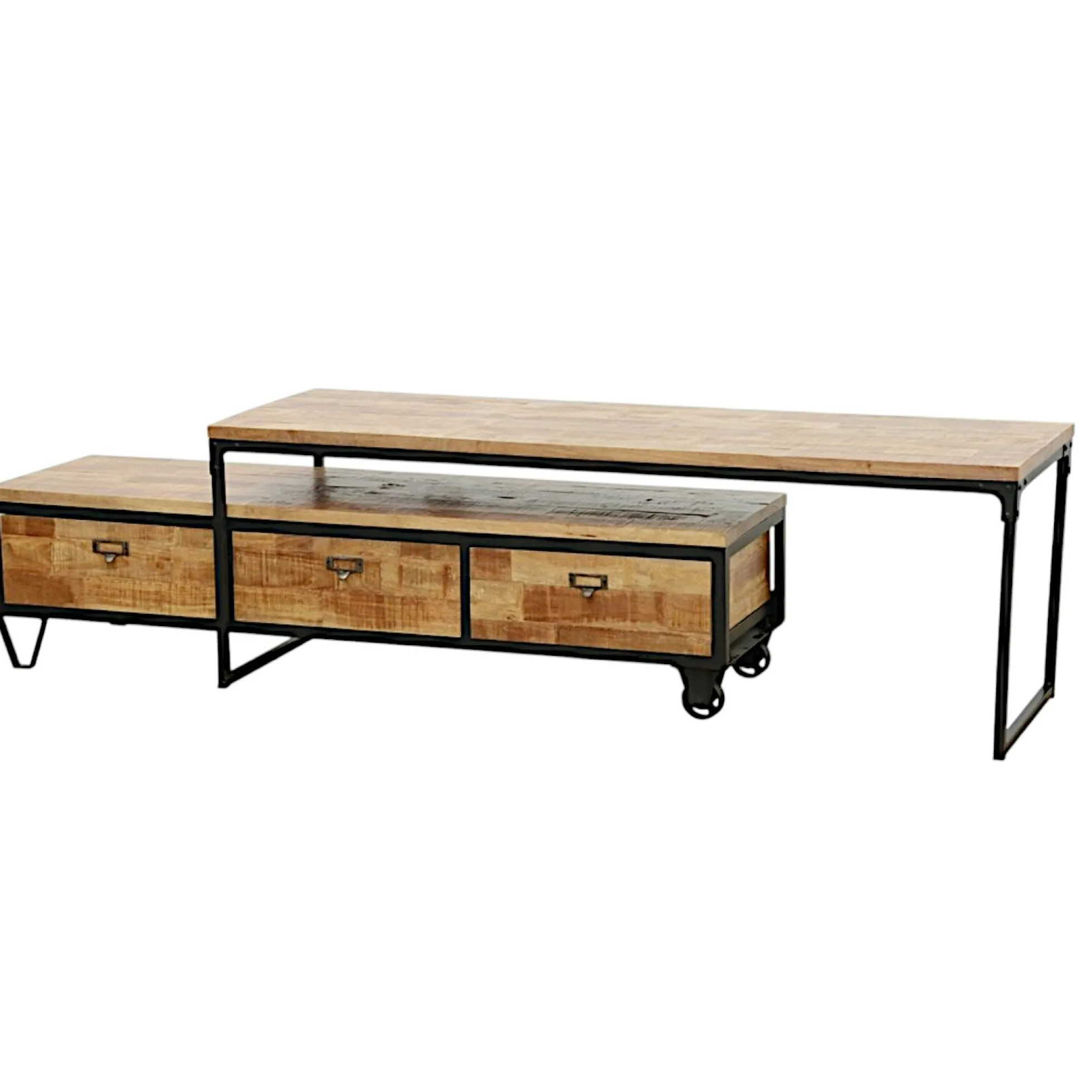 Meuble TV à roulettes en 2 parties, 3 tiroirs, 1 grand plateau en Hévéa recyclé naturel et métal 150x45x50cm LOFT