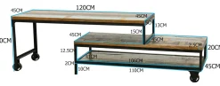Meuble TV à roulettes en 2 parties, 3 grands plateaux en Hévéa recyclé naturel et métal 120x45x50cm LOFT