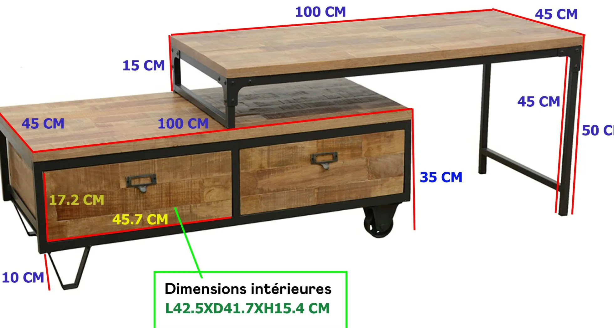 Meuble TV à roulettes en 2 parties, 2 tiroirs, 1 grand plateau en Hévéa recyclé coloré et métal 100x45x50cm LOFT COLORS