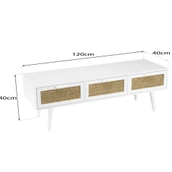 Meuble TV scandinave bois blanc 3 tiroirs rotin CALVIA
