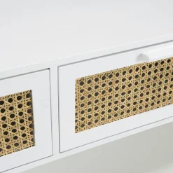 Meuble TV scandinave bois blanc 3 tiroirs rotin CALVIA