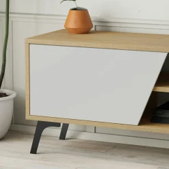 Meuble TV scandinave décor bois clair 1 porte blanche JENA