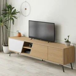 Meuble TV scandinave décor bois clair 1 porte blanche JENA