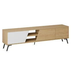 Meuble TV scandinave décor bois clair 1 porte blanche JENA