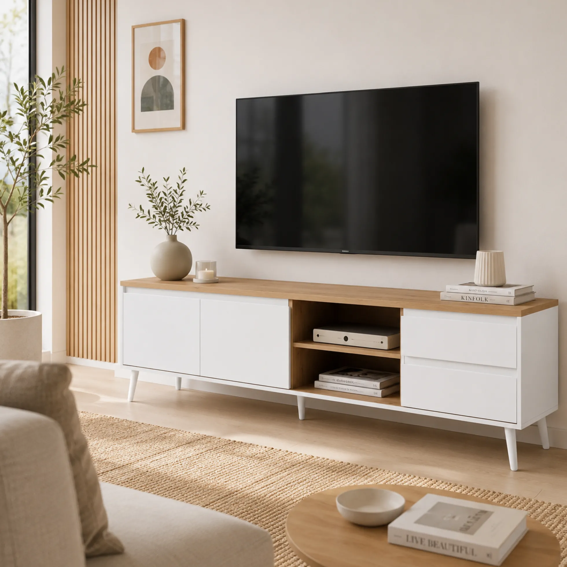 Meuble TV scandinave 2 portes 2 tiroirs ALVA