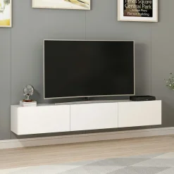 Meuble TV suspendu blanc 3 portes abattantes MARFA