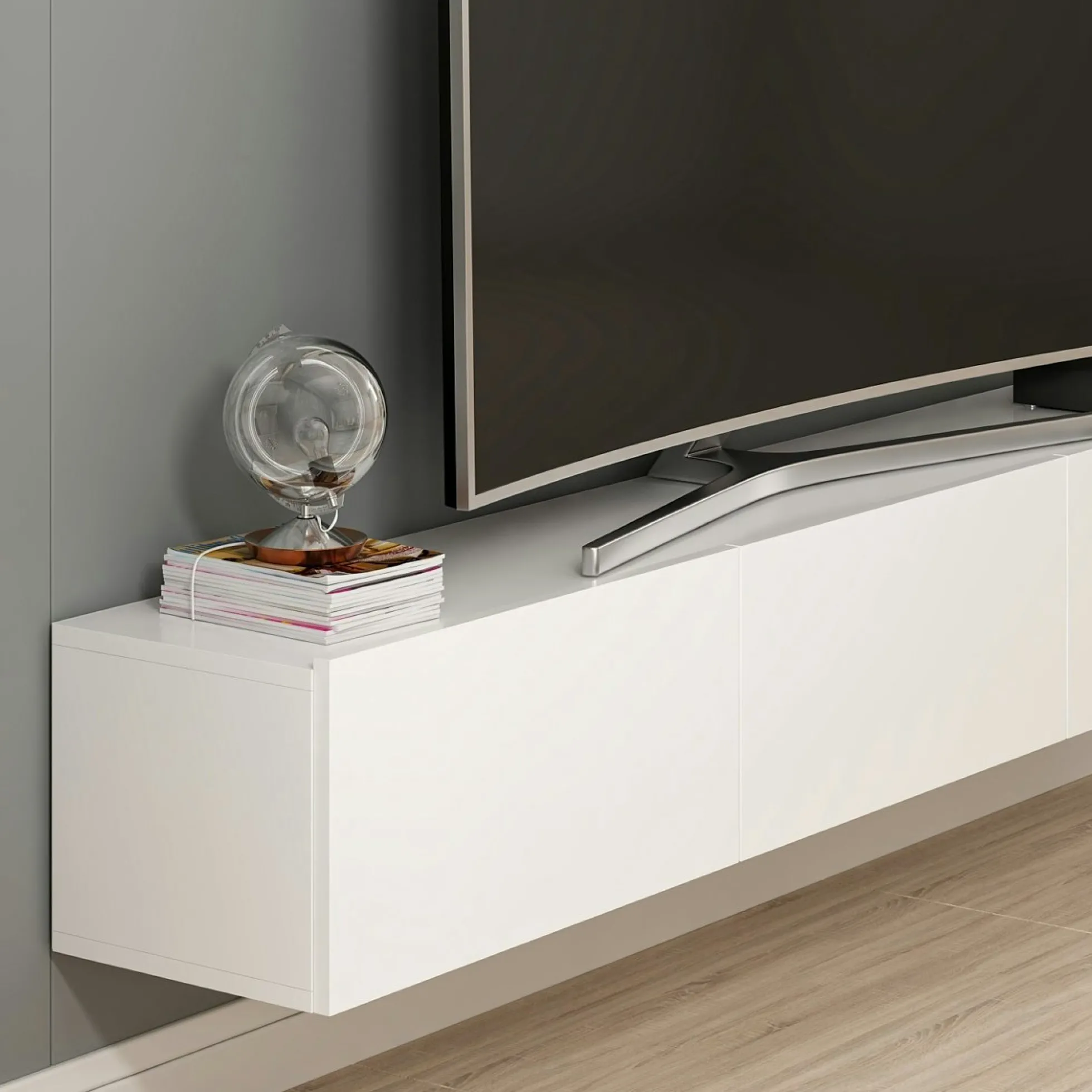 Meuble TV suspendu blanc 3 portes abattantes MARFA
