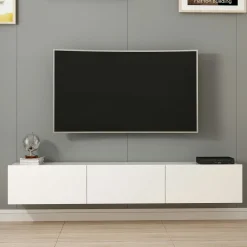 Meuble TV suspendu blanc 3 portes abattantes MARFA