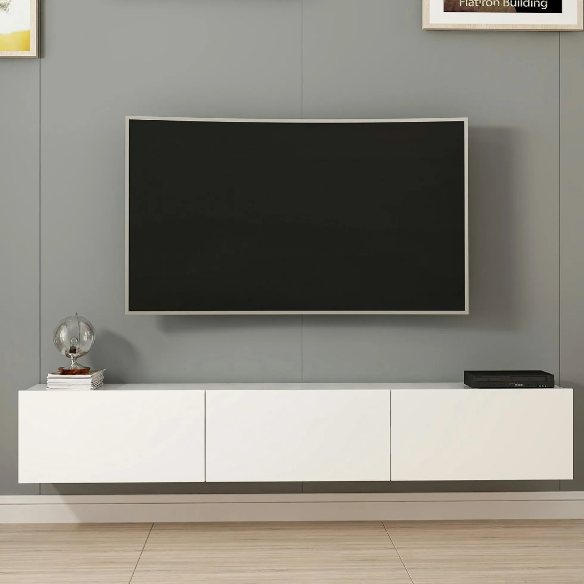 Meuble TV suspendu blanc 3 portes abattantes MARFA