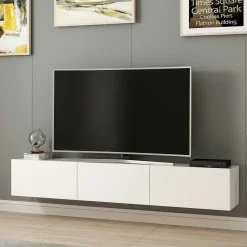 Meuble TV suspendu blanc 3 portes abattantes MARFA