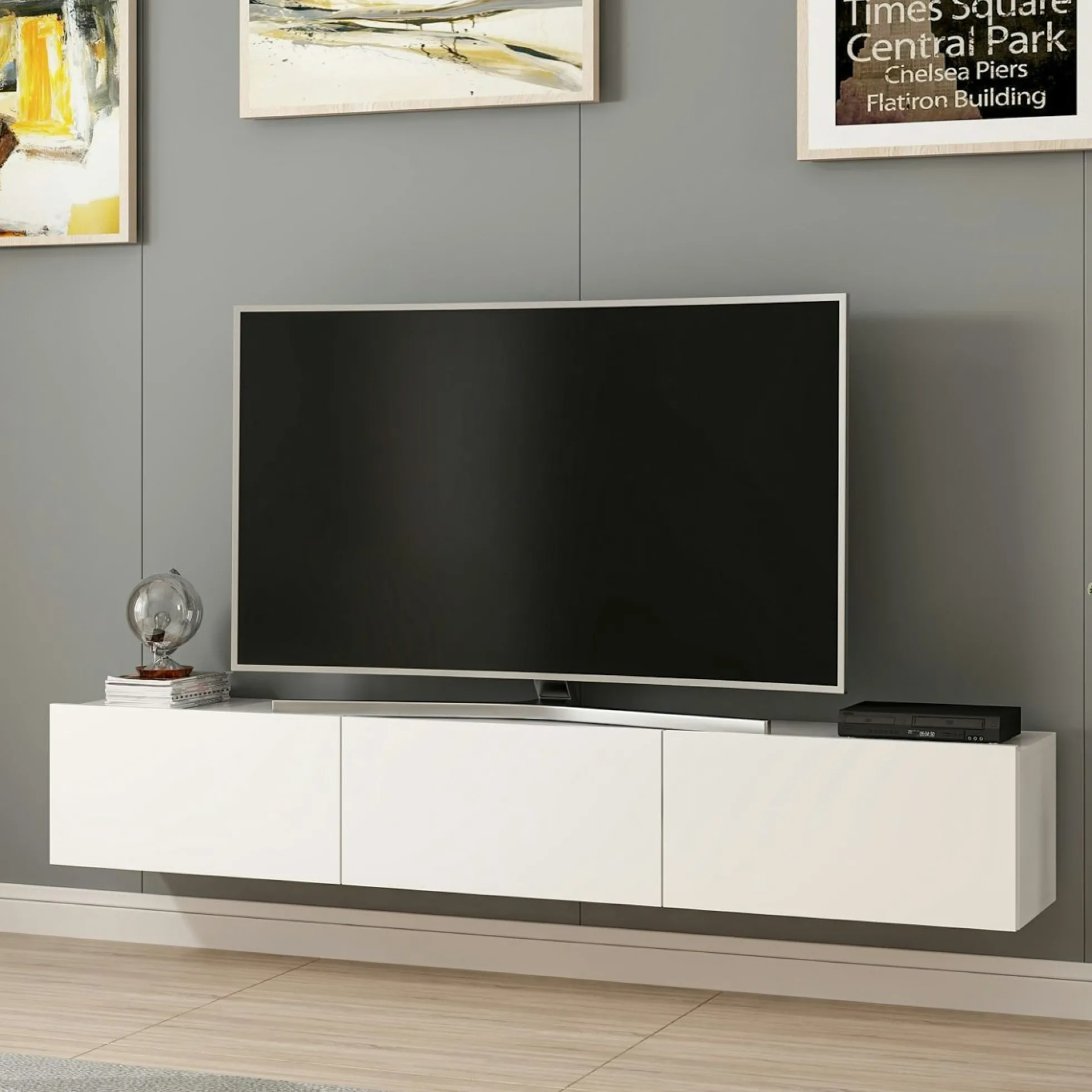 Meuble TV suspendu blanc 3 portes abattantes MARFA