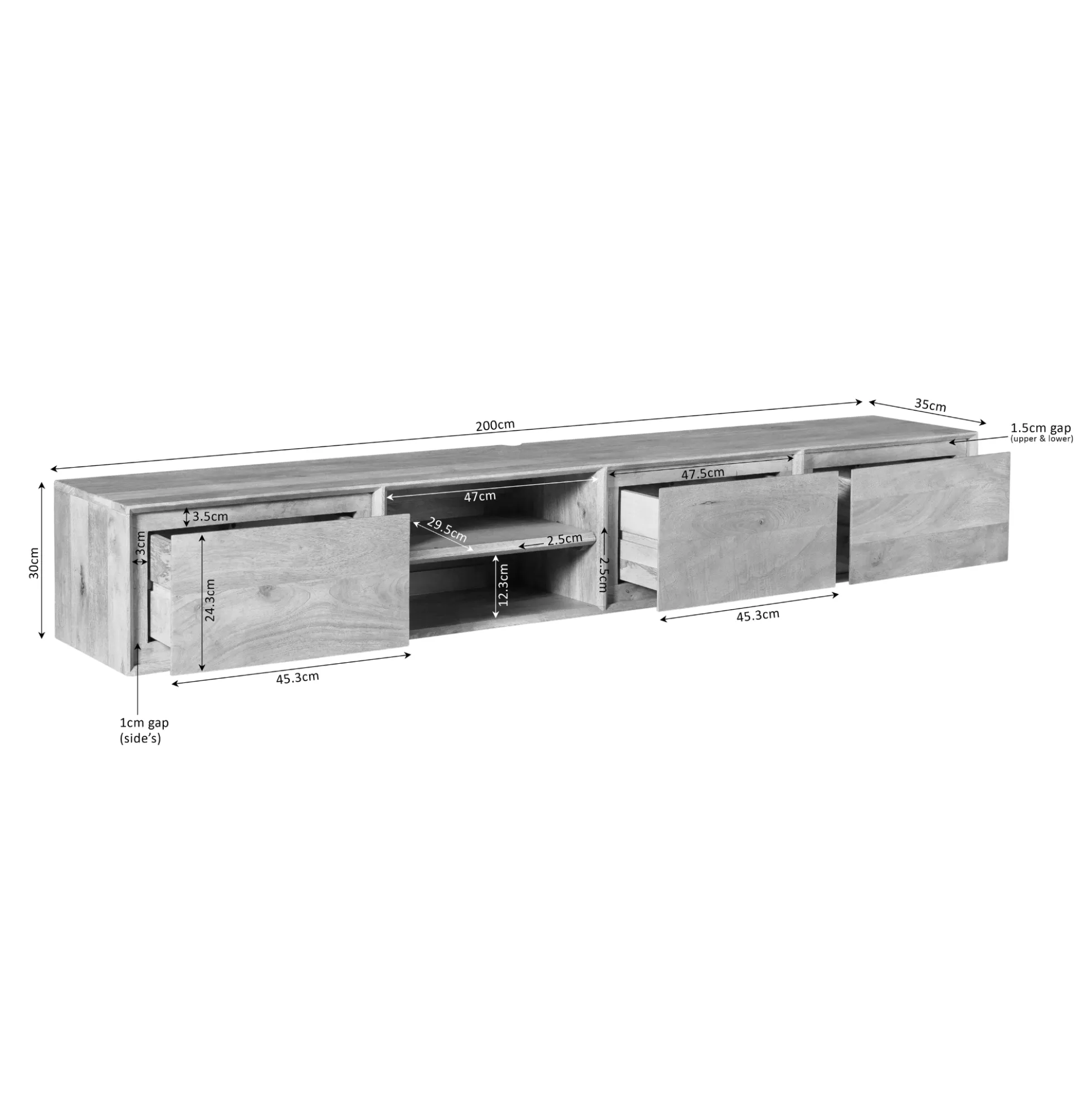 Meuble TV suspendu bois foncé 3 tiroirs 1 niche 200 cm AERA