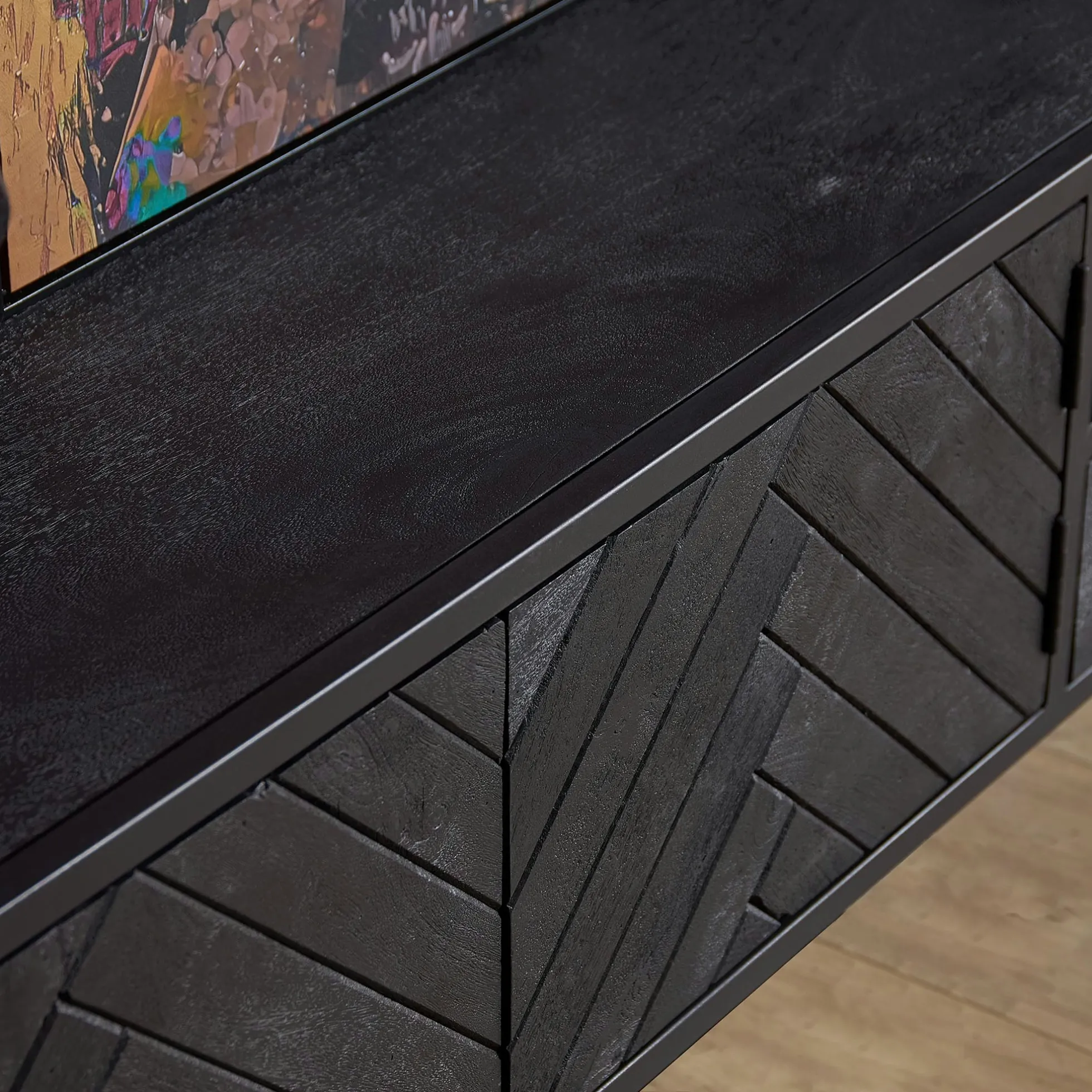 Meuble TV suspendu bois noir avec rangement 180 cm ALVERA