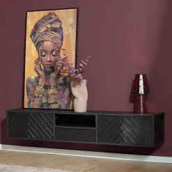 Meuble TV suspendu bois noir avec rangement 180 cm ALVERA