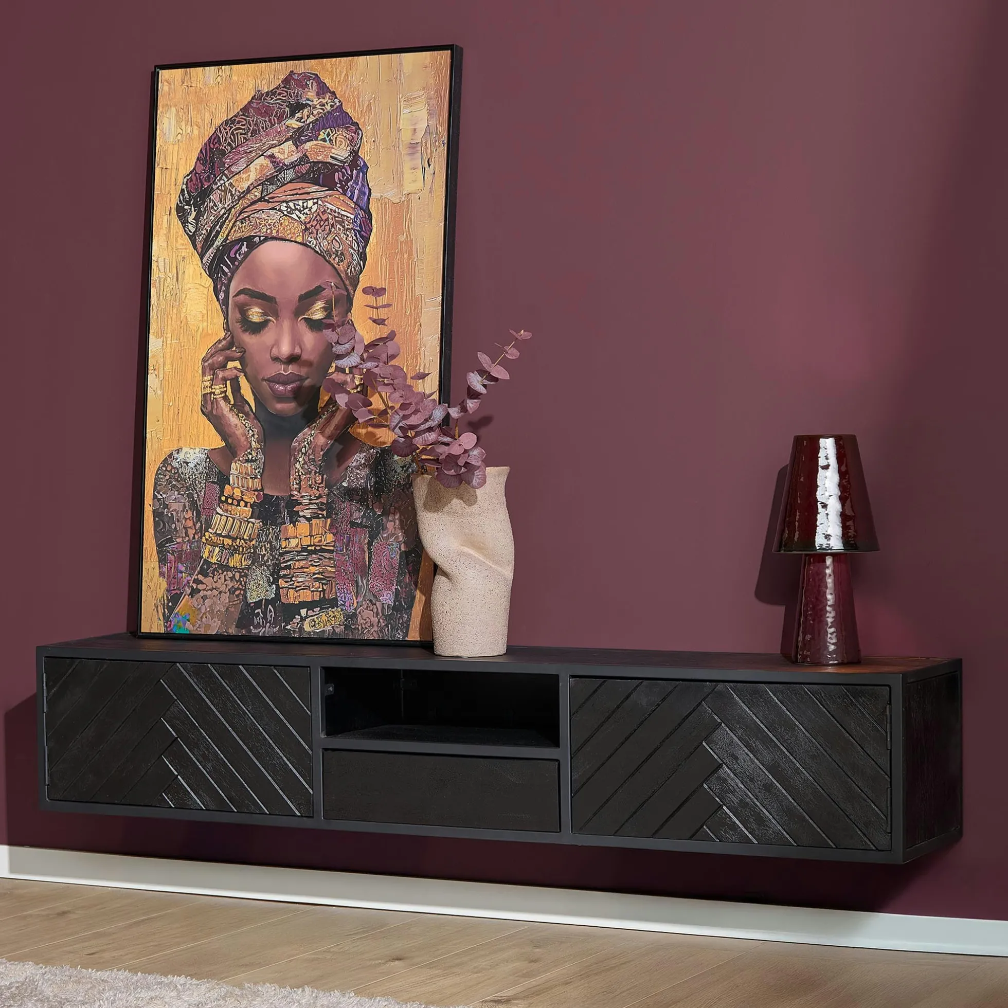 Meuble TV suspendu bois noir avec rangement 180 cm ALVERA