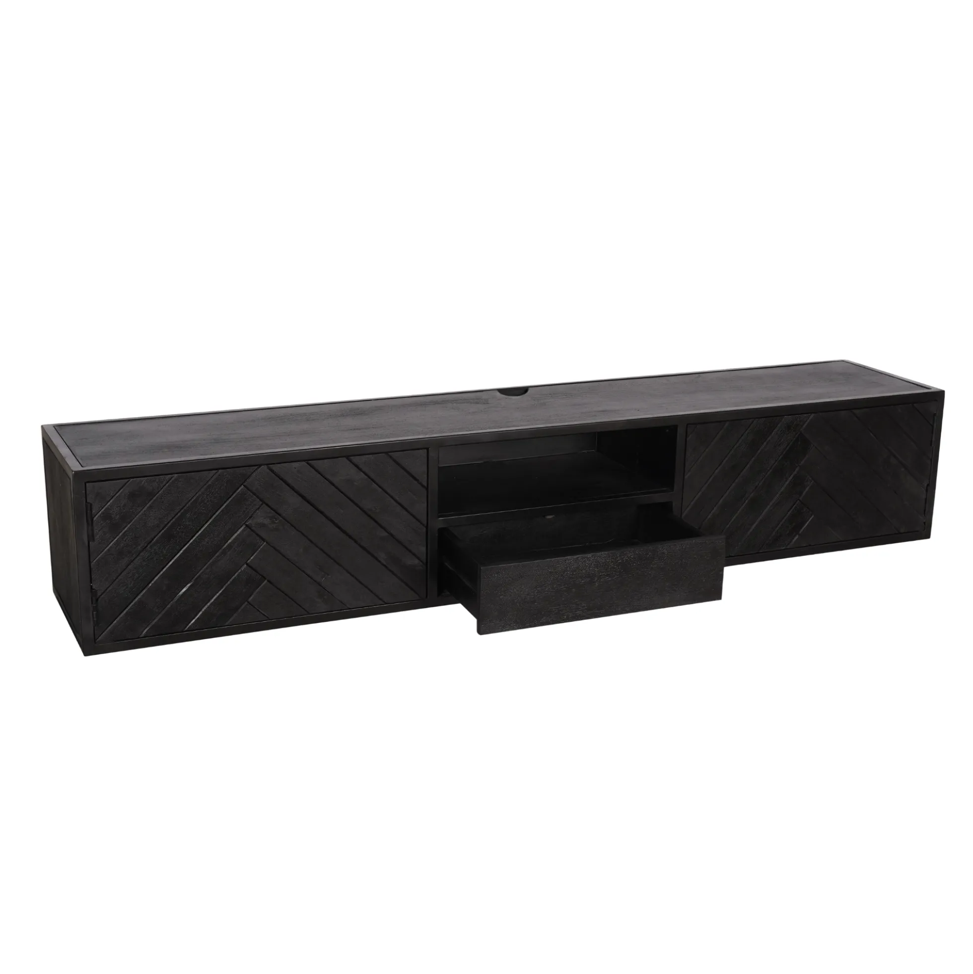 Meuble TV suspendu bois noir avec rangement 180 cm ALVERA