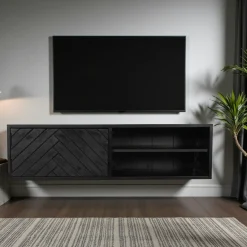 Meuble TV suspendu bois noir avec rangement 120 cm ALVERA