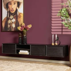 Meuble TV suspendu bois noir 3 tiroirs 1 niche 200 cm AERA