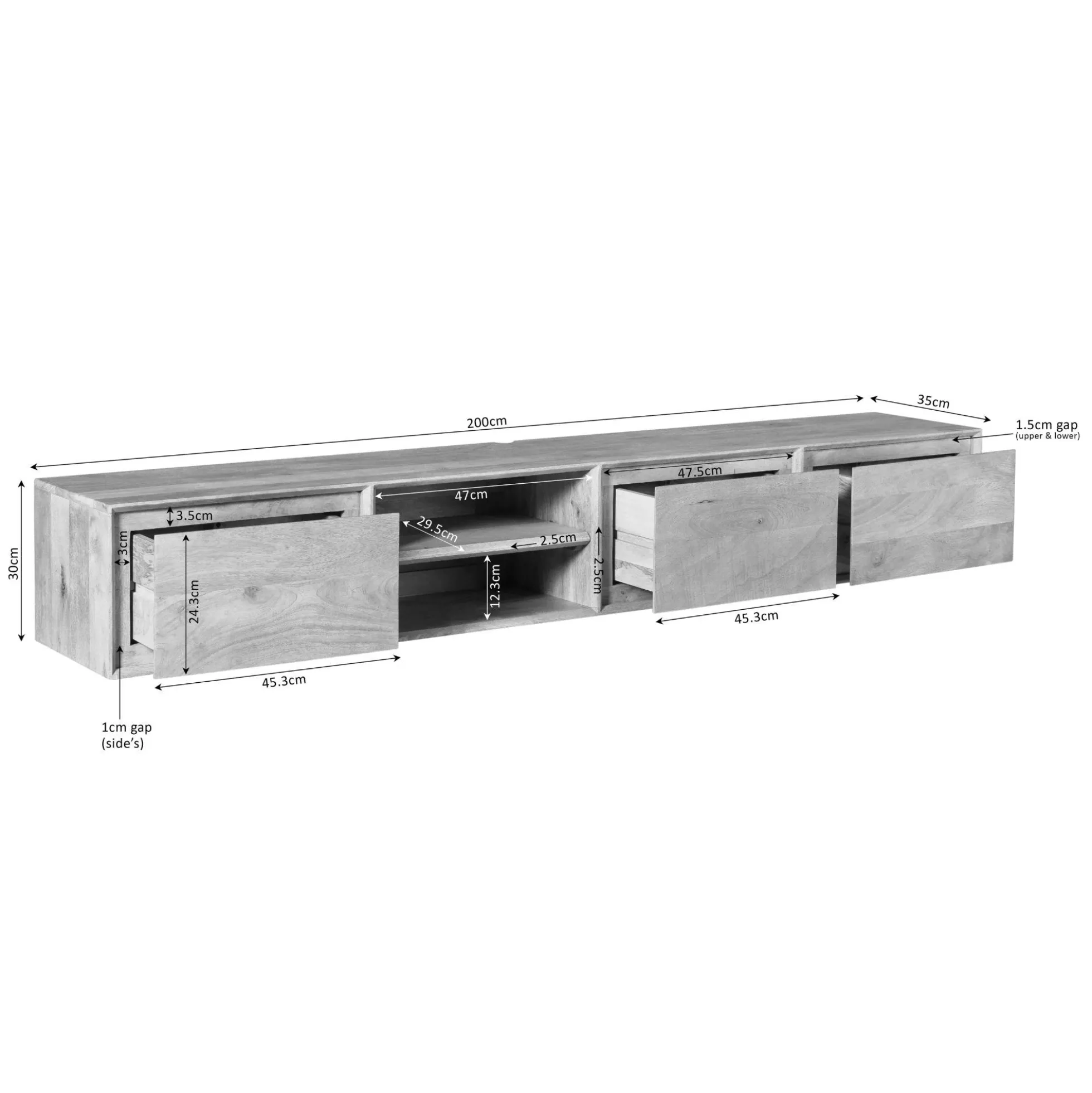 Meuble TV suspendu bois noir 3 tiroirs 1 niche 200 cm AERA