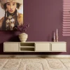 Meuble TV suspendu bois sable 3 tiroirs 1 niche 200 cm AERA